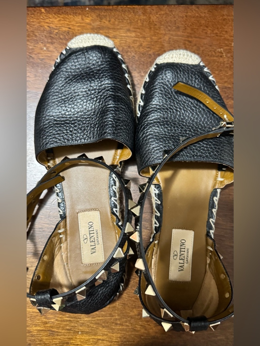 Valentino Garavani Black Leather Studded Espadrille Flats with Tan Accents